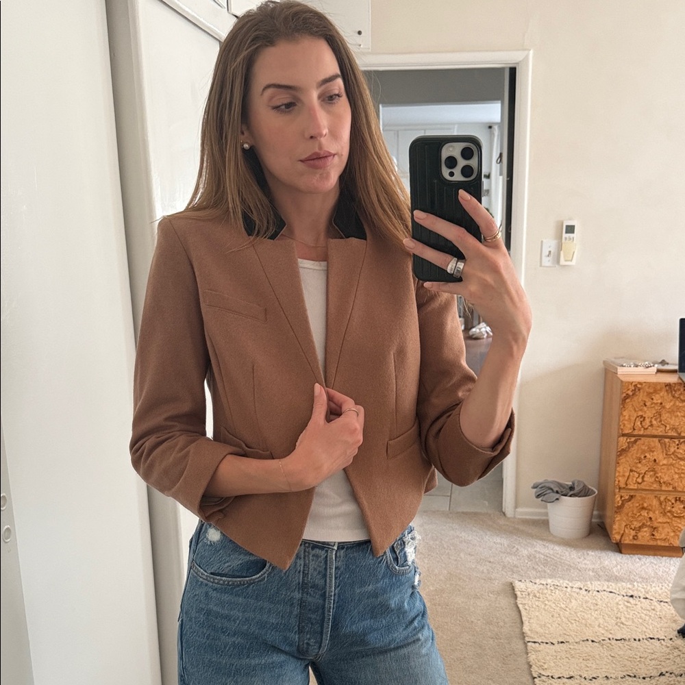Trouve Cropped Camel Blazer with Black Collar